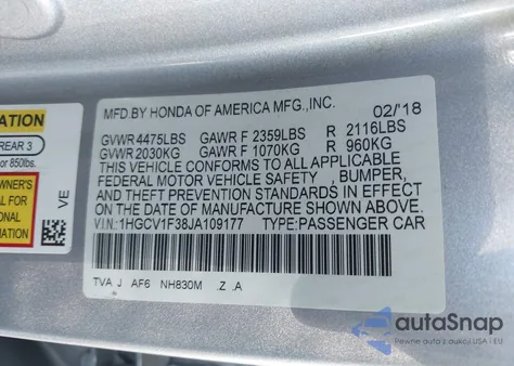 2018 Honda Accord Sport from USA, damaged, VIN 1HGCV1F38JA109177